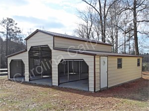 Vertical Roof Style Carolina Barn Fully Enclosed with Step Down Panel on Main